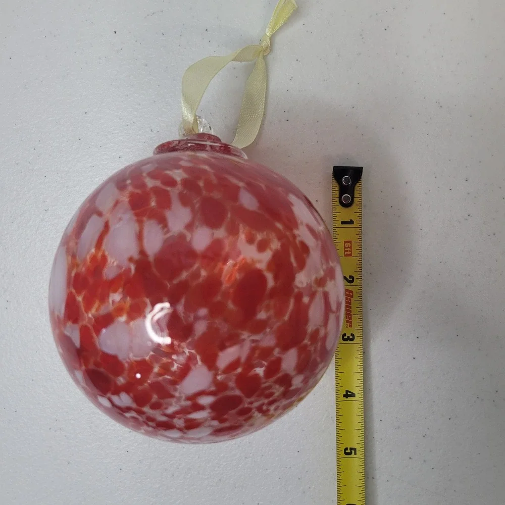 Red White Mottled Art Glass Ball Christmas Ornament‎ Hand Blown Round 4 Inch